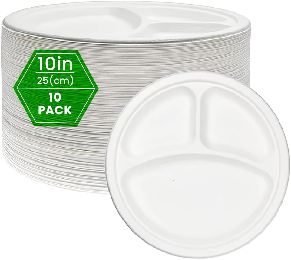 Bagasse Disposable 3 Compartment plates 10'