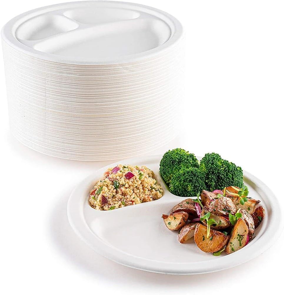 Bagasse Disposable 3 Compartment plates 10'